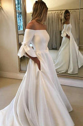 Ivory Satin A-line 3/4 Sleeves Off Shoulder Wedding Dresses with Pockets